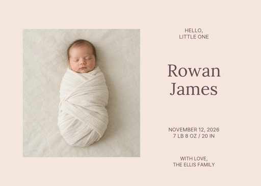 Landscape birth announcement size of Hello, Little Rowan