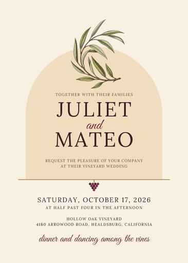 5 × 7 invitation size of Vows Among the Vines