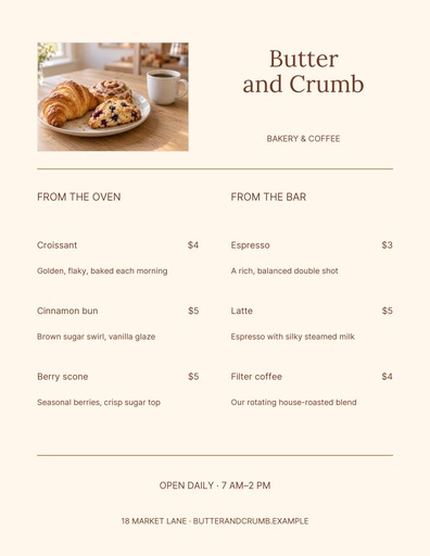 Letter menu / price list size of Butter and Crumb