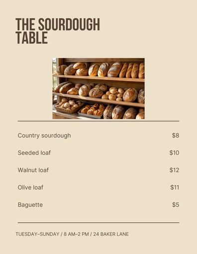 Letter menu / price list size of The Sourdough Table