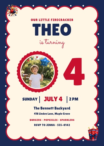 5 × 7 invitation size of Firecracker Fourth Birthday