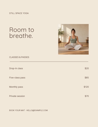 Letter menu / price list size of Still Space Yoga