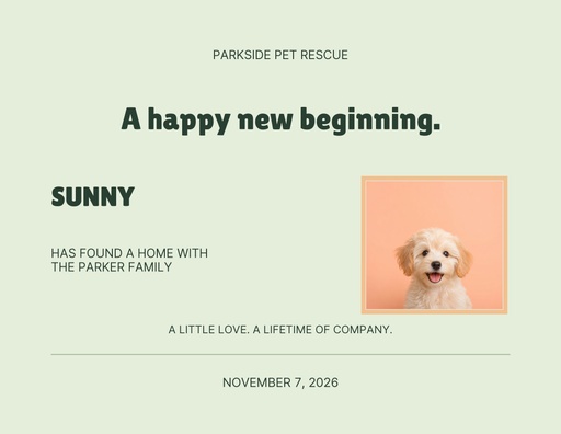 Keepsake certificate size of Happy Tails Adoption Day