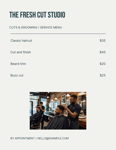 Letter menu / price list size of The Fresh Cut Studio