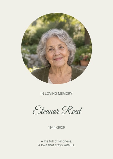 Remembrance card size of A Life Full of Kindness