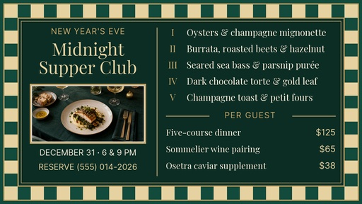 Digital menu board size of Midnight Supper Club