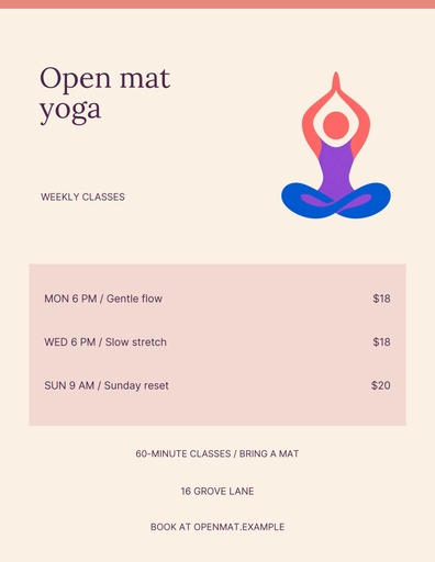 Weekly class schedule size of Open Mat Yoga