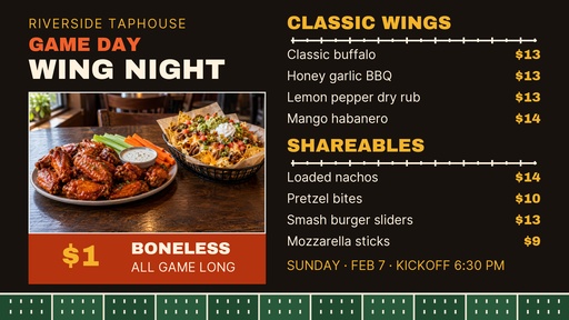 Digital menu board size of Game Day Wing Night