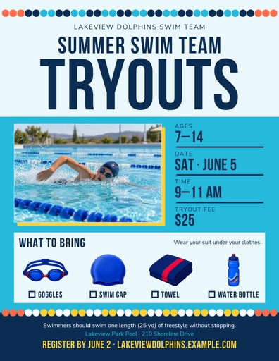 Letter flyer size of Summer Swim Team Tryouts