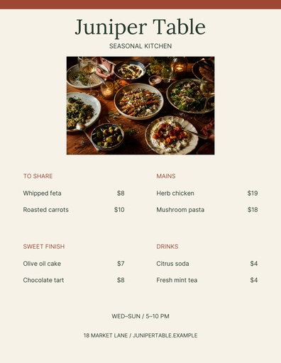 Letter menu / price list size of Juniper Table
