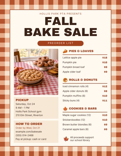 Letter menu / price list size of Fall Bake Sale Preorders