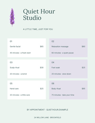 Letter menu / price list size of Quiet Hour Studio