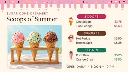 Digital menu board size of Scoops of Summer