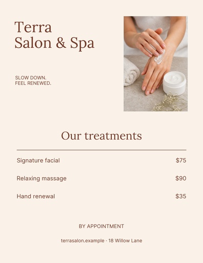 Letter menu / price list size of Terra Salon