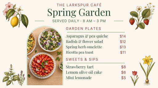 Digital menu board size of The Spring Garden Menu