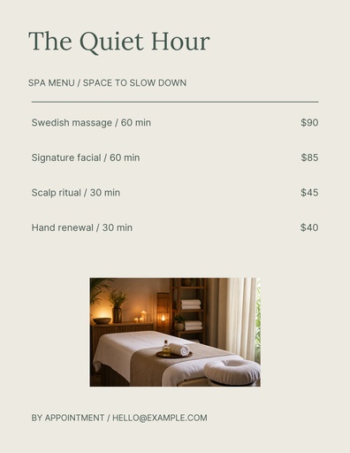 Letter menu / price list size of The Quiet Hour Spa