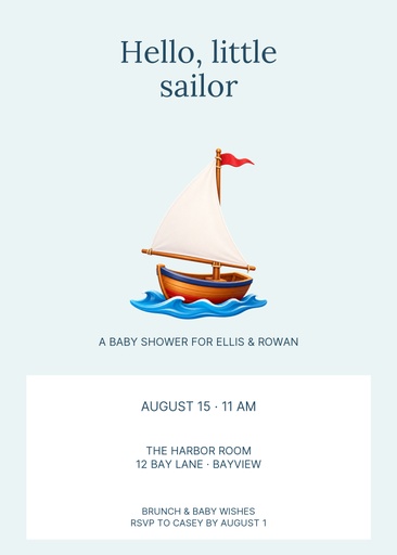 5 × 7 invitation size of Hello Little Sailor