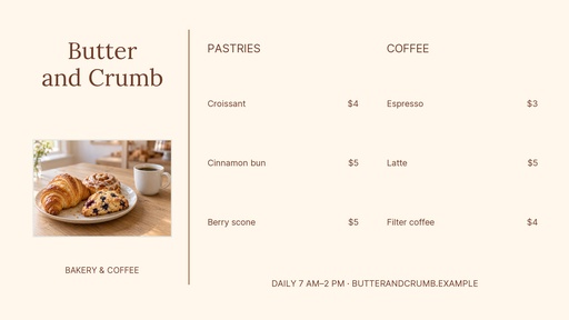 Digital menu board size of Butter and Crumb