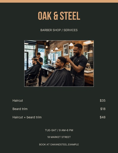 Letter menu / price list size of Oak and Steel Barber