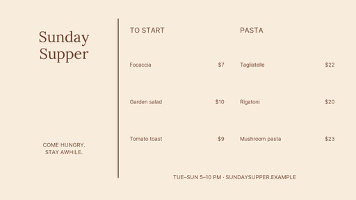 Digital menu board size of Sunday Supper