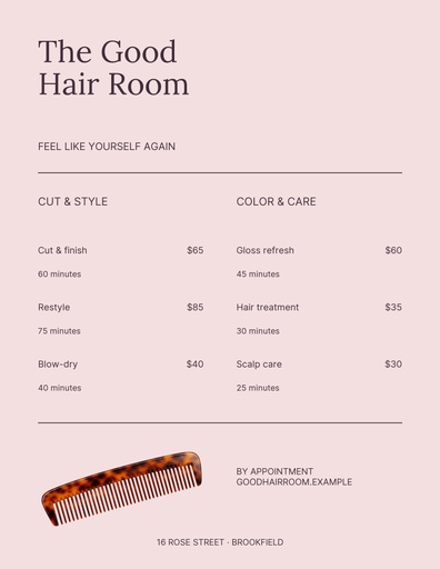 Letter menu / price list size of The Good Hair Room