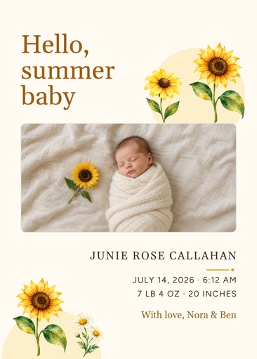 5 × 7 birth announcement size of Hello, Summer Baby