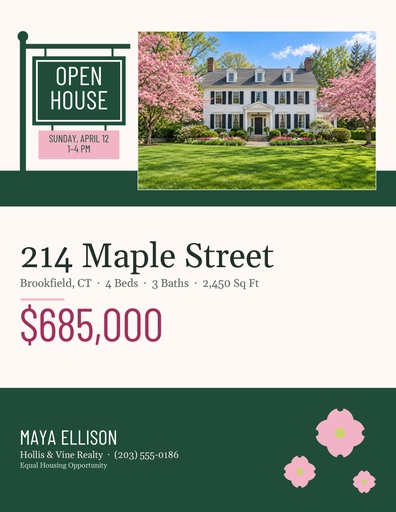 Letter flyer size of Spring Open House on Maple Street