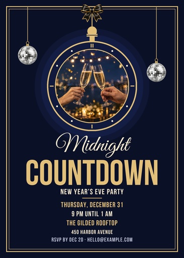 5 × 7 invitation size of Midnight Countdown Party