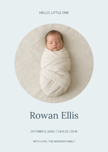 Portrait birth announcement size of Hello, Baby Rowan