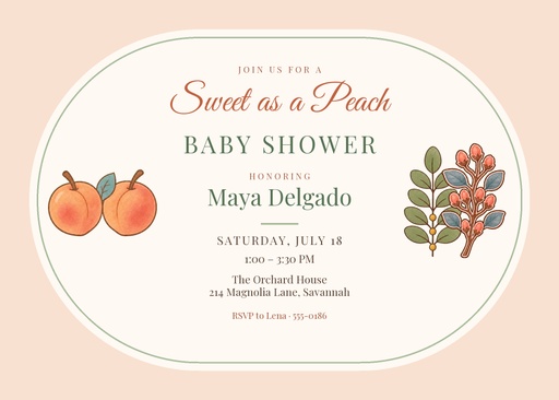 7 × 5 invitation size of Sweet as a Peach Shower