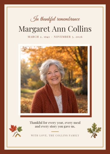 Remembrance card size of In Thankful Remembrance