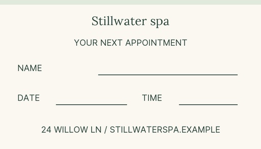 Appointment card size of Stillwater Spa