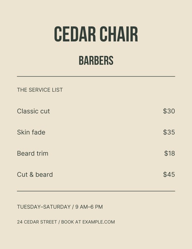 Cedar Chair Barbers Letter Flyer Template - Design Templates