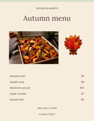 Letter menu / price list size of Gather and Hearth