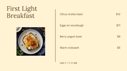 Digital menu board size of First Light Breakfast