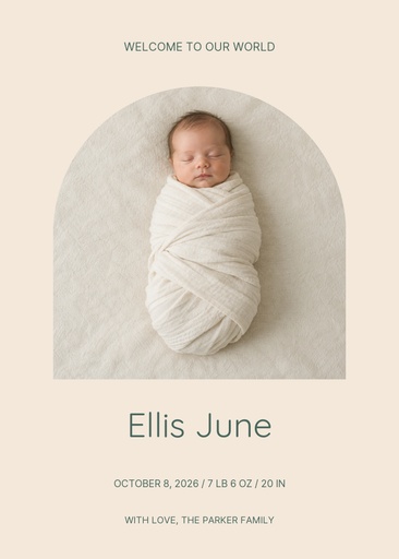 Portrait birth announcement size of Welcome, Baby Ellis