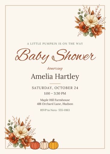 5 × 7 invitation size of Little Pumpkin Is on the Way