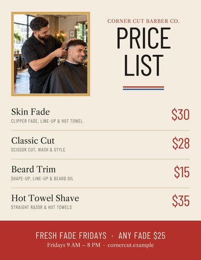Letter menu / price list size of Fresh Fade Fridays