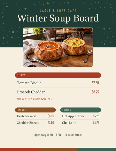 Letter menu / price list size of The Winter Soup Board