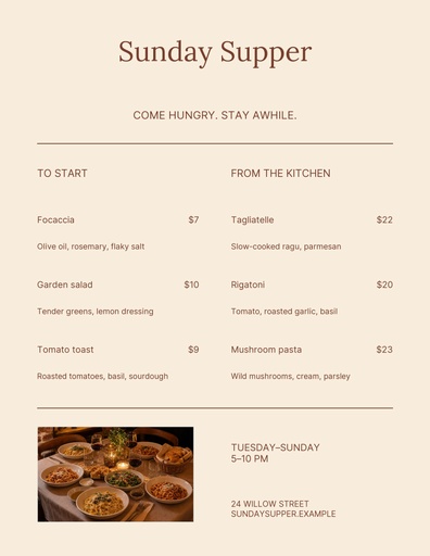 Letter menu / price list size of Sunday Supper