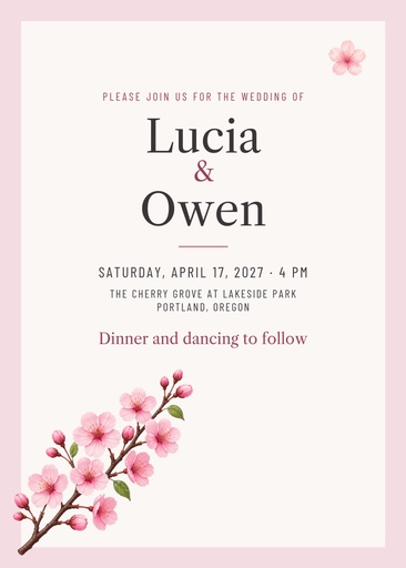 5 × 7 invitation size of Cherry Blossom Save the Date