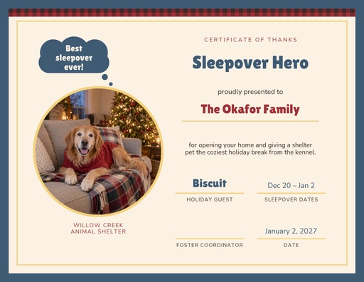 Keepsake certificate size of Holiday Sleepover Fosters
