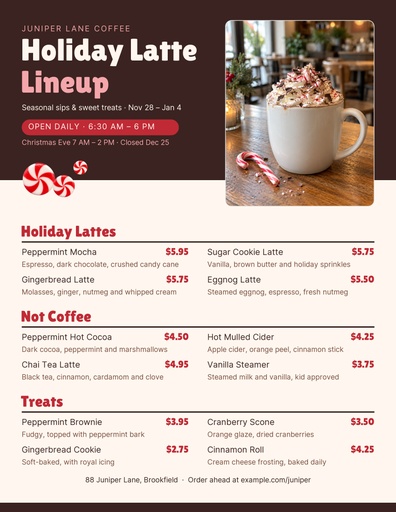 Letter menu / price list size of The Holiday Latte Lineup