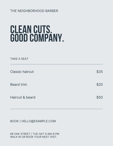 Letter menu / price list size of The Neighborhood Barber