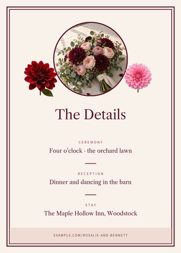Details card size of Burgundy Dahlia Wedding
