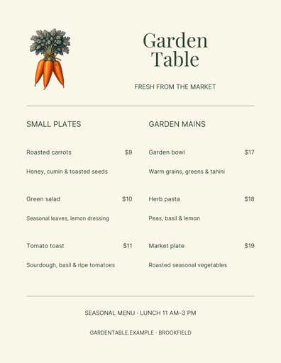 Letter menu / price list size of Garden Table