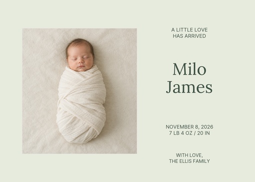 Landscape birth announcement size of A Little Love Arrives