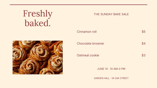 Digital menu board size of The Sunday Bake Sale
