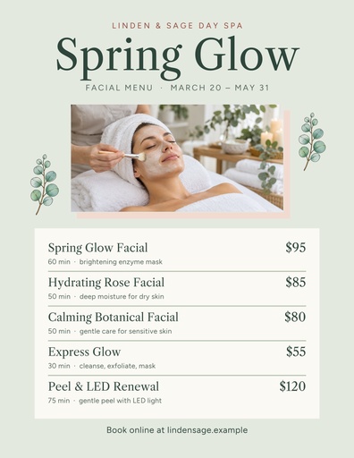 Letter menu / price list size of Spring Glow Facial Specials