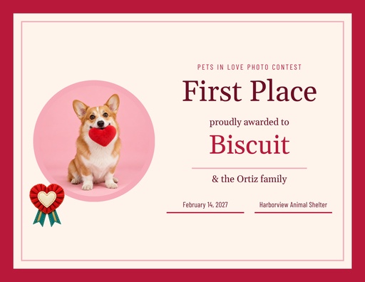 Keepsake certificate size of Pets in Love Photo Contest